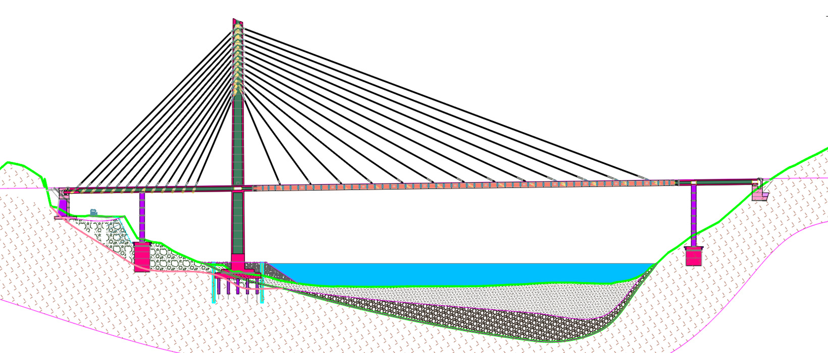 Plan du pont, et des fondations en paroi moulée et barrettes